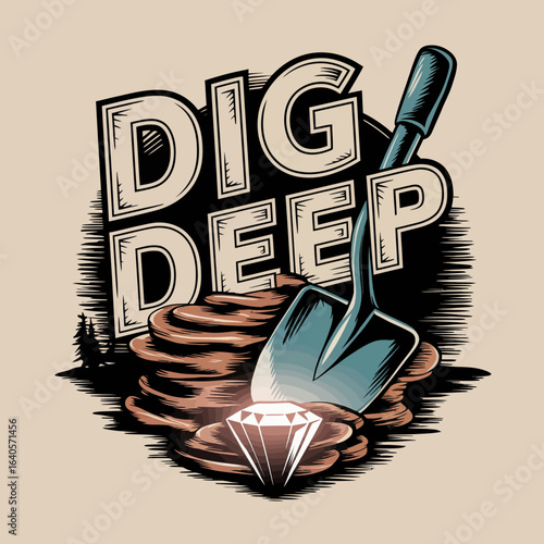 Dig deep retro worn print style illustration of shovel stacked coins and diamond for treasure hunt adventure motivation exploration vector