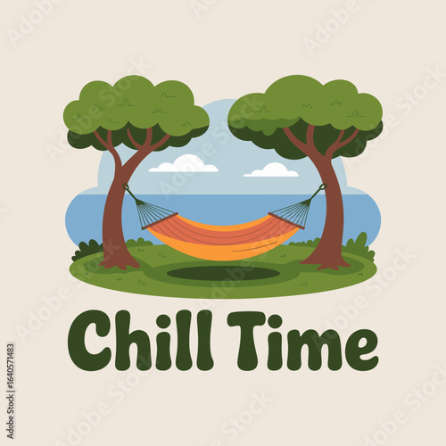 Relaxing hammock scene between two trees outdoors with sky clouds and the words chill time for leisure and vacation concepts vector