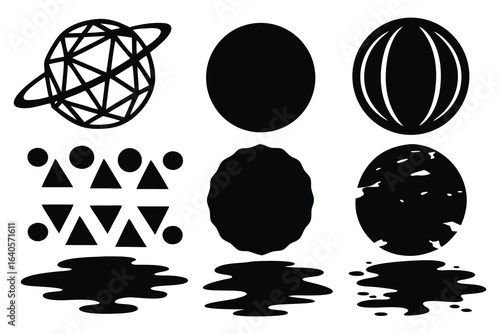 Geometric spheres with glitch and liquid effect, wireframe 3d spaces silhouettes set isolated flat vector illustration on white background
