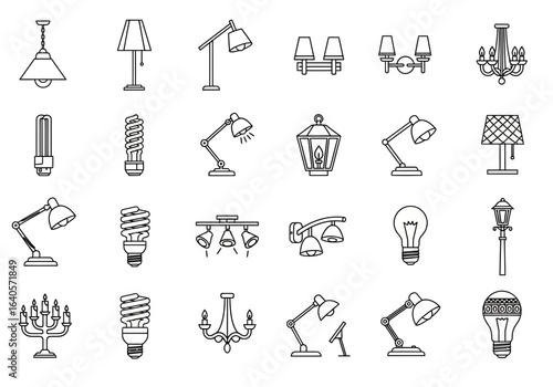 A collection of twenty-four different types of lighting fixtures, including lamps, chandeliers, and light bulbs, depicted in a minimalist line art style.