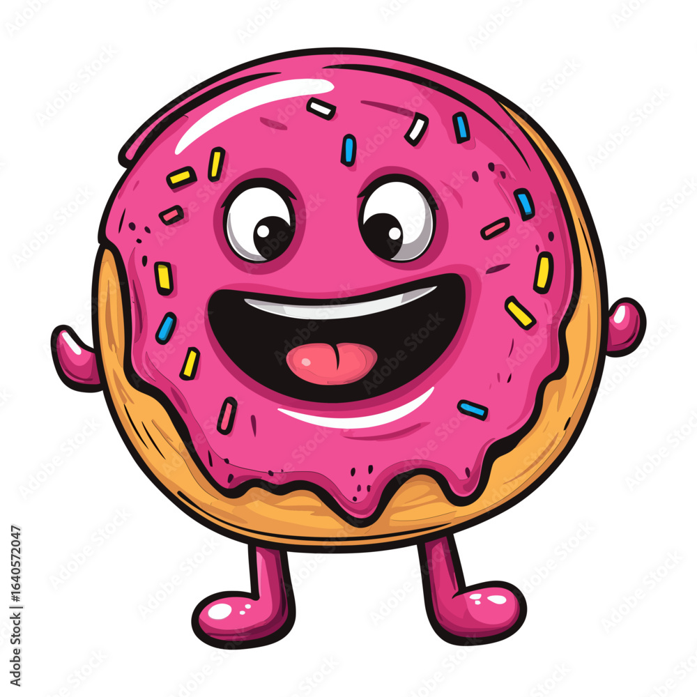Fototapeta premium A cartoon illustration of a smiling, pink-iced donut with sprinkles. This fun mascot image is ideal for websites or blogs about food, sweets, or baking.