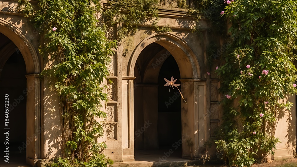 Naklejka premium In the golden hush of afternoon, a dragonfly dances among blooming vines in the temple’s embrace.