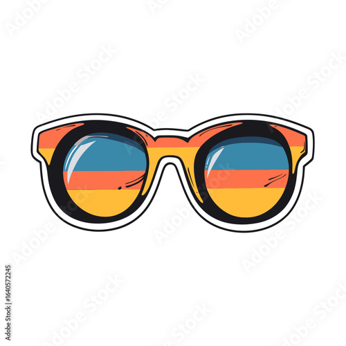 A cartoon-style sticker illustration of sunglasses with a colorful, striped pattern. This image is suitable for websites and blogs related to summer, fashion, and accessories.

