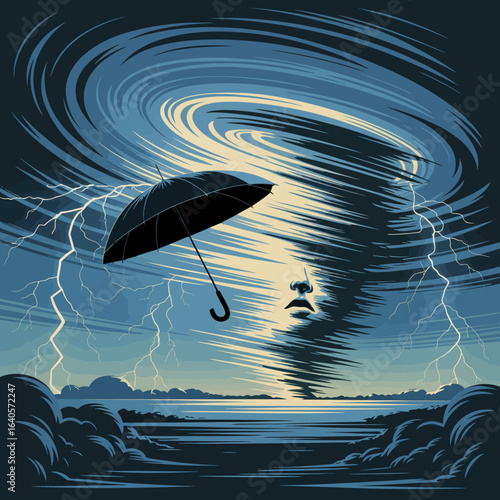 Dramatic umbrella defies powerful hurricane tornado cyclone storm weather natural disaster powerful wind lightning sky nature force danger vector