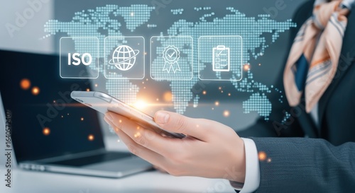 Quality Management System with ISO Certification on Mobile Device Over World Map Background