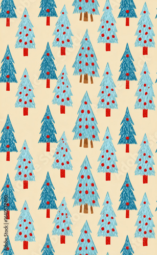 Christmas Tree Decorations Winter Festive Symbols Holiday Background Pattern Artwork Illustration Design Red Blue Green Cute Celebration Cheerful Repeating Snowflakes Ornaments Fir Craft Texture