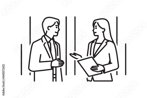  Man and woman in business suits engaged in a conversation in a professional setting line art flat vector illustration.