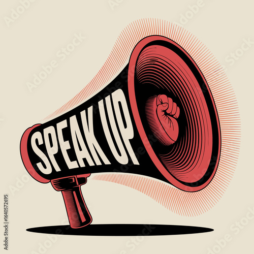 Bold red megaphone with speak up text amplifying a message of protest speech and loud announcement art vector