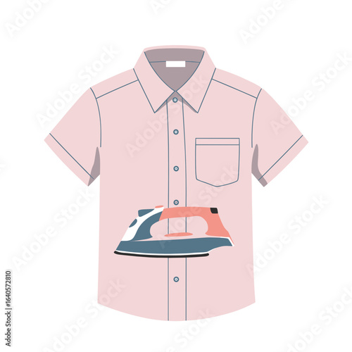 Ironed pink button-down shirt with an iron illustration in a flat design style