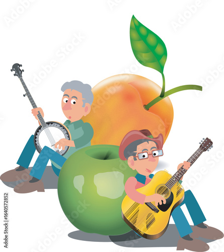 Two cartoon men, one playing a banjo and the other a guitar, sit near a large green apple and a peach.