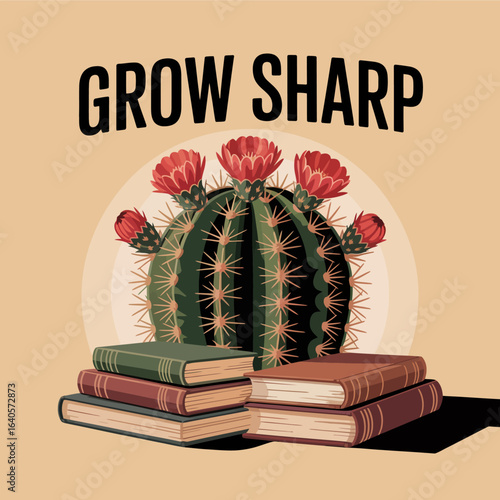 Vintage style cactus growing sharp on stack of old books retro graphic design decorative poster art concept for knowledge and growth vector