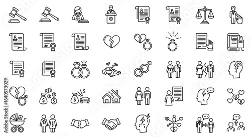 A collection of outline icons representing legal, relationship, and family matters, including divorce, marriage, contracts, and legal proceedings.