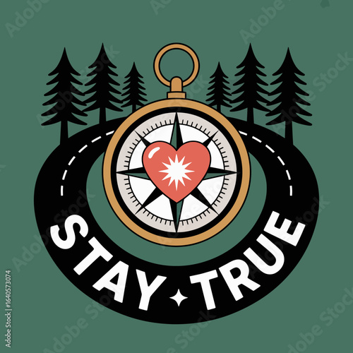Inspirational compass with heart guiding the way on winding road amidst pine trees message stay true vector