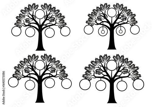 Four family tree designs in black and white, featuring stylized trees with leaves and circles for photos or names.