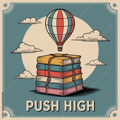 Inspirational stack of books ascends toward sky with hot air balloon symbolizing knowledge and ambition vector