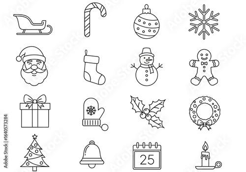 A collection of black and white line art icons representing various Christmas and winter holiday symbols on a white background.