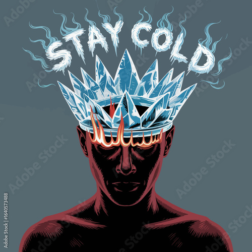 Expressive digital art portrait of a figure wearing an elaborate icy crown with 'stay cold' text above a mysterious illuminated forehead vector