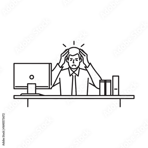 Stressed mid adult businessman at work with headache Continuous line art flat vector illustration