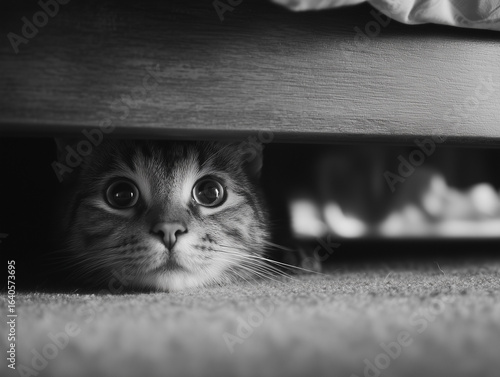 Cute cat hiding under the bed with curious expression in black and white