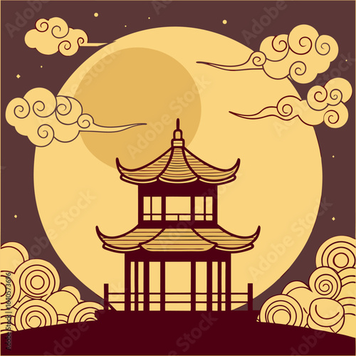 Ornate Chinese temple silhouette appears before a golden moon surrounded by decorative clouds at night