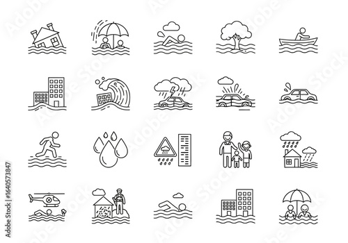 A collection of line art icons depicting various natural disasters and their effects, including floods, storms, and related safety measures.