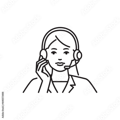 Woman wearing a headset, engaged in a conversation on her phone line art flat vector illustration