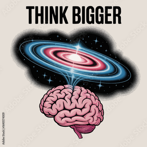 Surreal digital art inspiring 'think bigger' concept with brain and galaxy connection representing unlimited potential and cosmic ideas vector