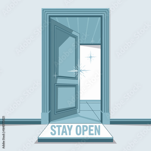 Open door with 'stay open' mat welcoming visitors inside brightly lit room symbolizing opportunity and new beginnings vector