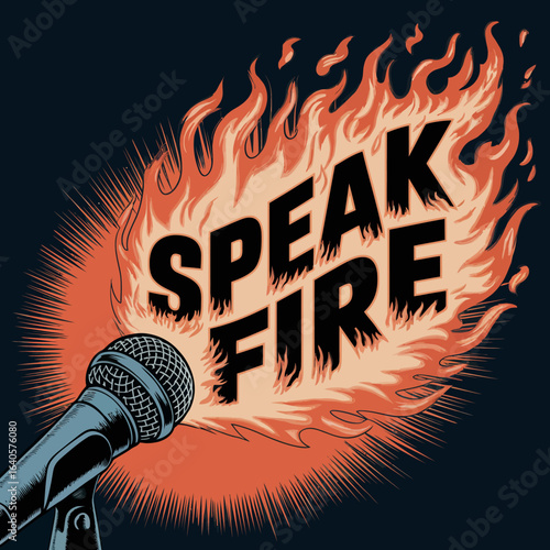 Dynamic microphone ignited by fiery flames displaying 'speak fire' message for powerful communication and performance vector