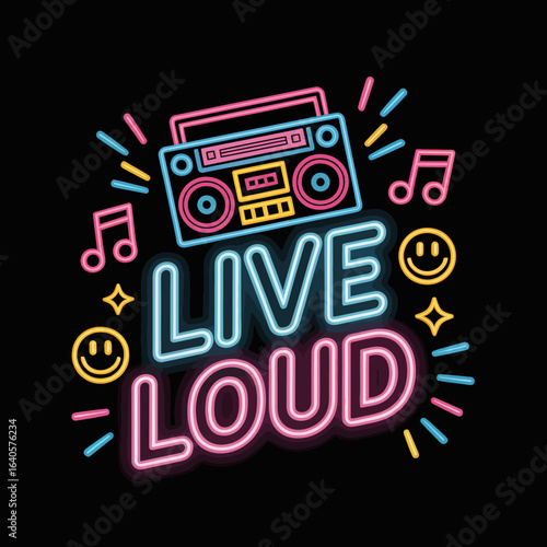 Vibrant neon boombox live loud text burst with music notes and smiley faces for energetic events and parties vector