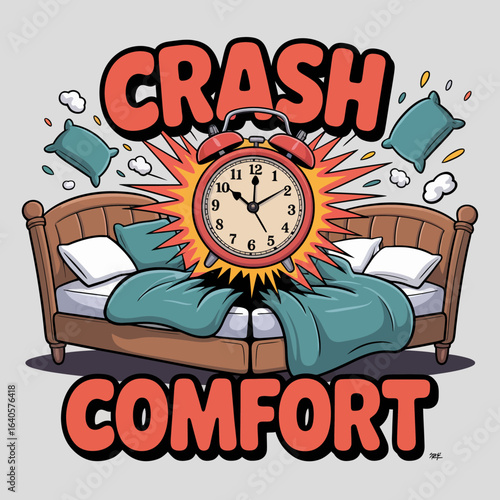 Alarm clock blasts awake in cartoon style next to a comforting bed with pillows and duvet symbolizing crash comfort sleep vector
