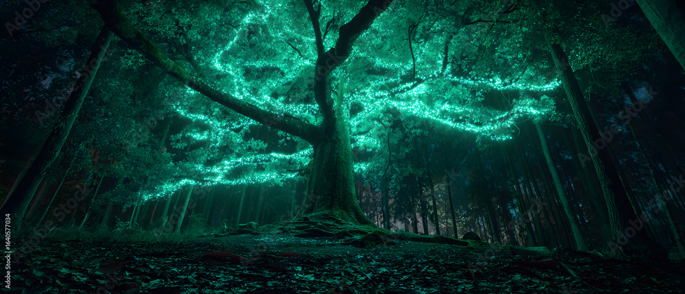 Fototapeta premium Luminous Green Tree at Night in a Dark Forest