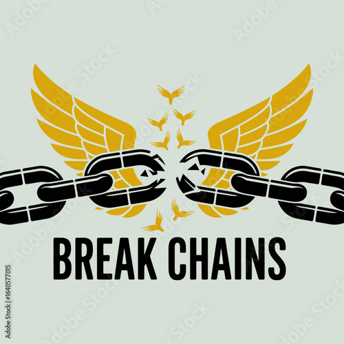 Symbolic image of broken chains with golden wings and flying butterflies representing freedom and liberation from constraints vector