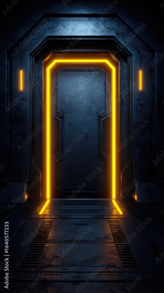 Fototapeta premium Dark futuristic corridor with glowing yellow lines.