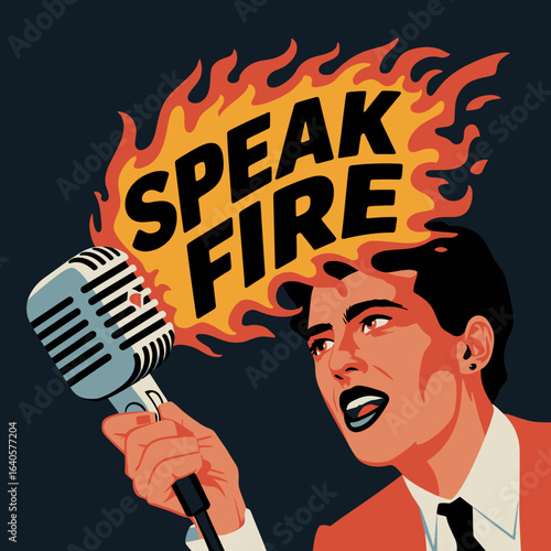 Dynamic vintage man with microphone speaking fiery words of passionate oratory and bold communication style vector
