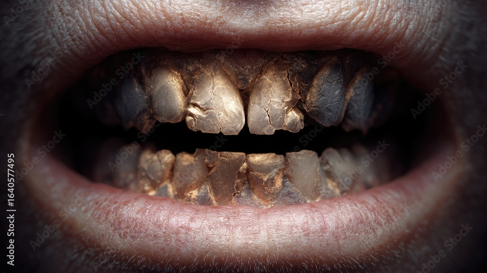 Obraz premium Close-up view of a mouth with severely decayed teeth.