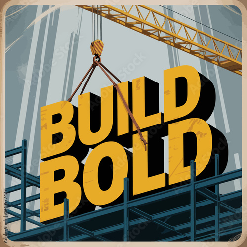 Retro-style poster art with bold yellow typography 'build bold' suspended by crane over construction site inspired by mid-century design elements and architectural blueprints vector
