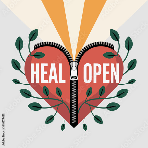 Heart opens with heal message symbolizing emotional healing growth and vulnerability digital art vector