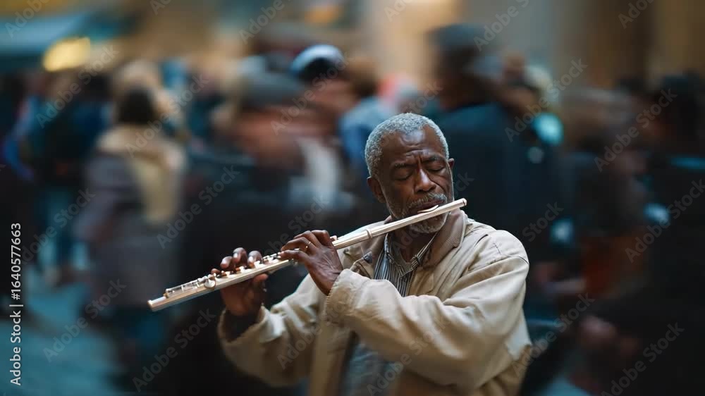 Experienced African American Street Musician Plays Flute Amidst Bustling City Crowds Experienced African American Street Musician Plays Flute Amidst Bustling City Crowds