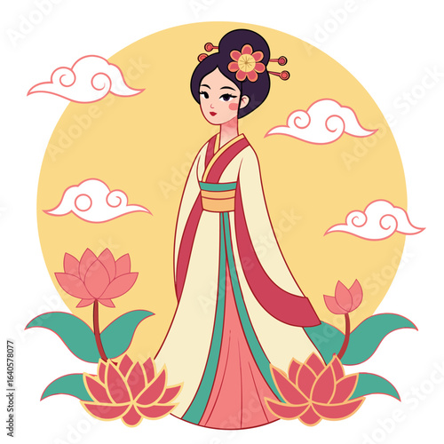 Beautiful Chinese woman with traditional attire stands amidst lotus flowers and clouds on yellow backdrop