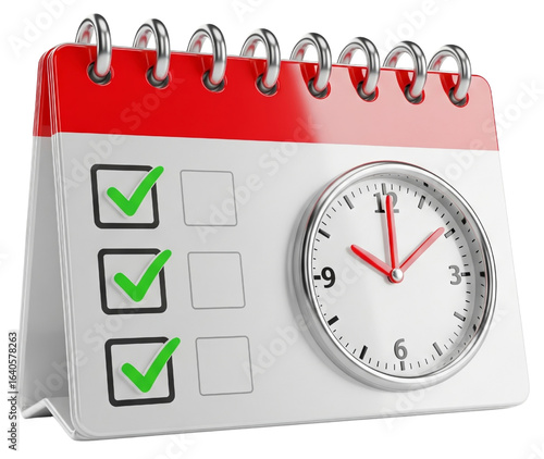 A calendar with a clock, featuring checkboxes marked with green ticks, symbolizing time management and task completion.