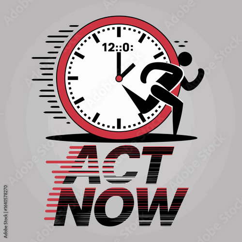 Urgent deadline concept a stylized running figure races against a red bordered clock face displaying 12 00 with motion blur emphasizing the critical need to act now with bold text