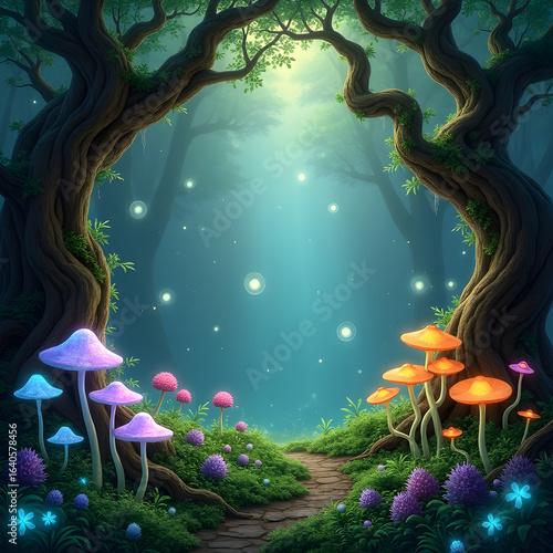 Enchanted forest: Luminescent mushrooms, ancient trees, and floating orbs of light.


