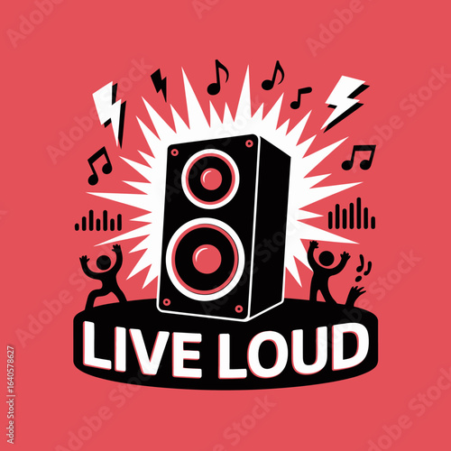 Energetic speaker bursting with music and lightning bold elements symbolizing loud live performance and auditory excitement vector
