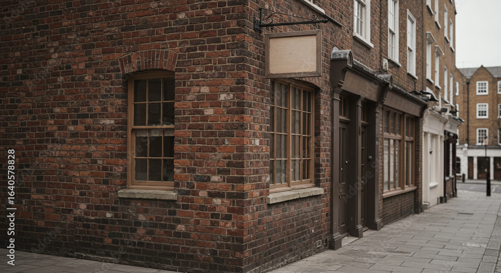 custom made wallpaper toronto digitalAn old-fashioned street corner featuring a traditional red brick building with a blank sign for mockup on a quiet, historic urban alleyway.