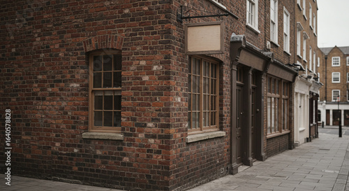 Wallpaper Mural An old-fashioned street corner featuring a traditional red brick building with a blank sign for mockup on a quiet, historic urban alleyway. Torontodigital.ca