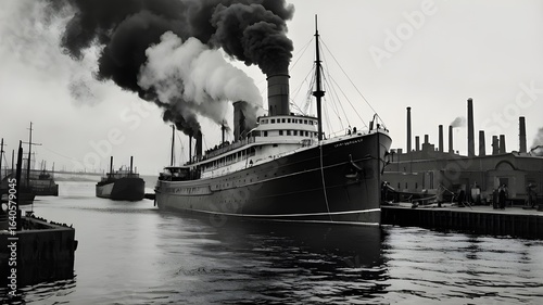 Monochrome vintage-style image of an early 20th-century steamship departing a busy industrial harbor, smokestacks releasing thick smoke into the sky,Generative Ai
