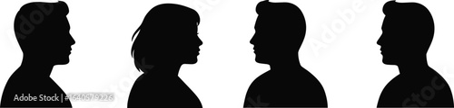 Male and female profile silhouettes, side view heads, black shadow faces, vector illustration, people outline design, minimal flat graphic style