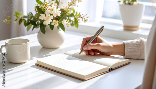 Woman's hands writing in a notebook at a white desk by a bright window