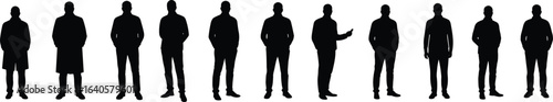Silhouette of business people standing in row, male and female figures, black vector illustration, formal posture, human shapes, team concept, office style